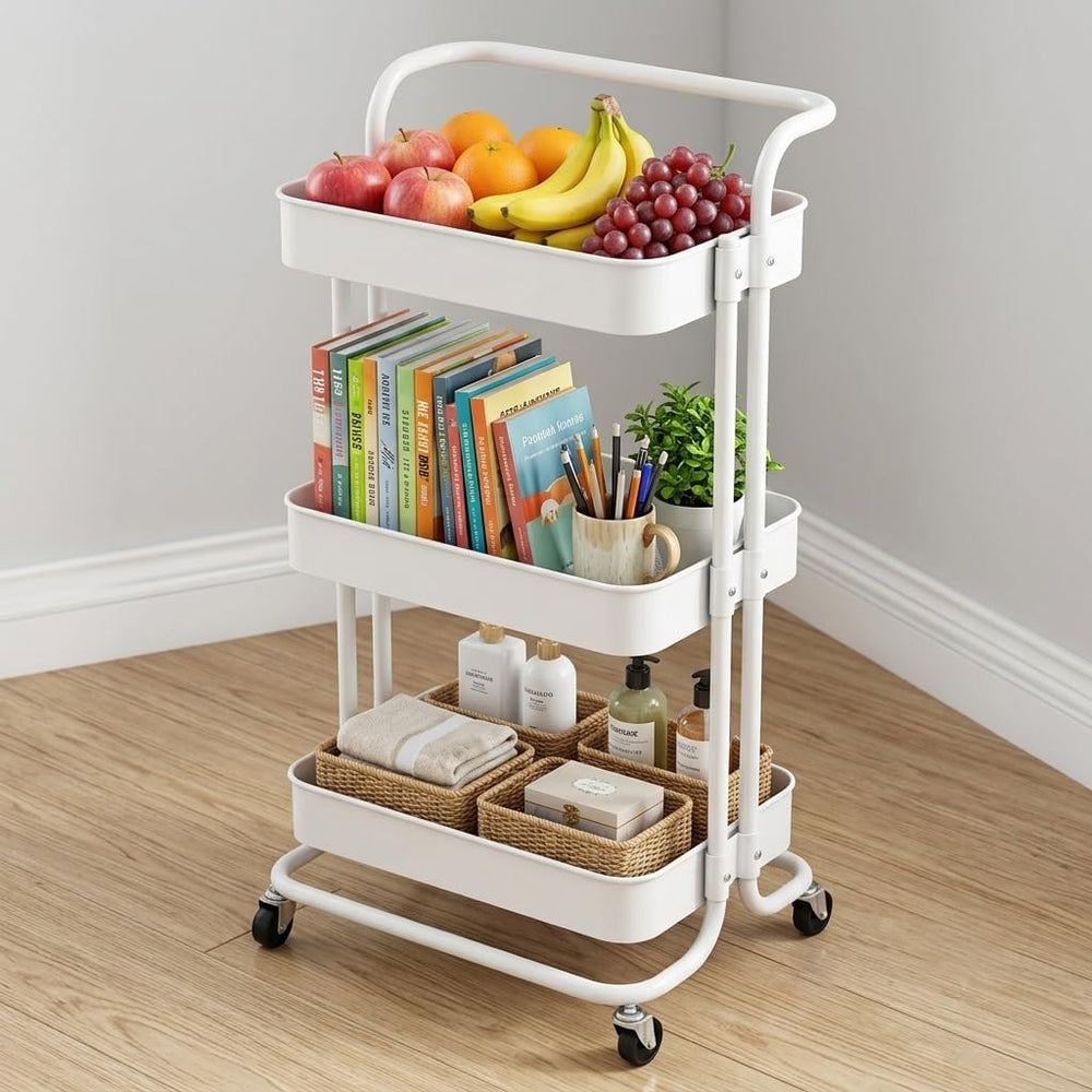 3 Tier Rolling Cart with Wheels, Metal Utility Cart Organizer with Handle for...