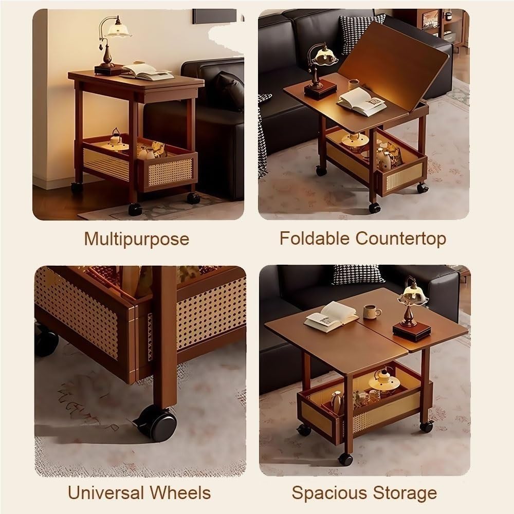 Expandable Wooden Coffee Table with Wheels Side Table with Storage Basket Rem...