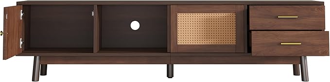 Ball & Cast Mid-Century Modern TV Stand for TVs up to 80", 70" Media Console with Rattan Sliding Doors & 2 Drawers,Solid Wood Legs,Entertainment Center w/Storage for Living Room,Bedroom,Dark Brown