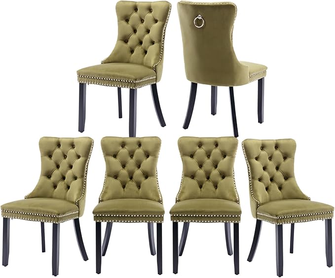 Velvet Kitchen Chairs Set of 6, Tufted Upholstered Dining Room Chairs with Back Ring Pull, Nailhead Trim and Solid Wood Legs, Modern Dining Chairs for Dining Room, Kitchen,Olive Green