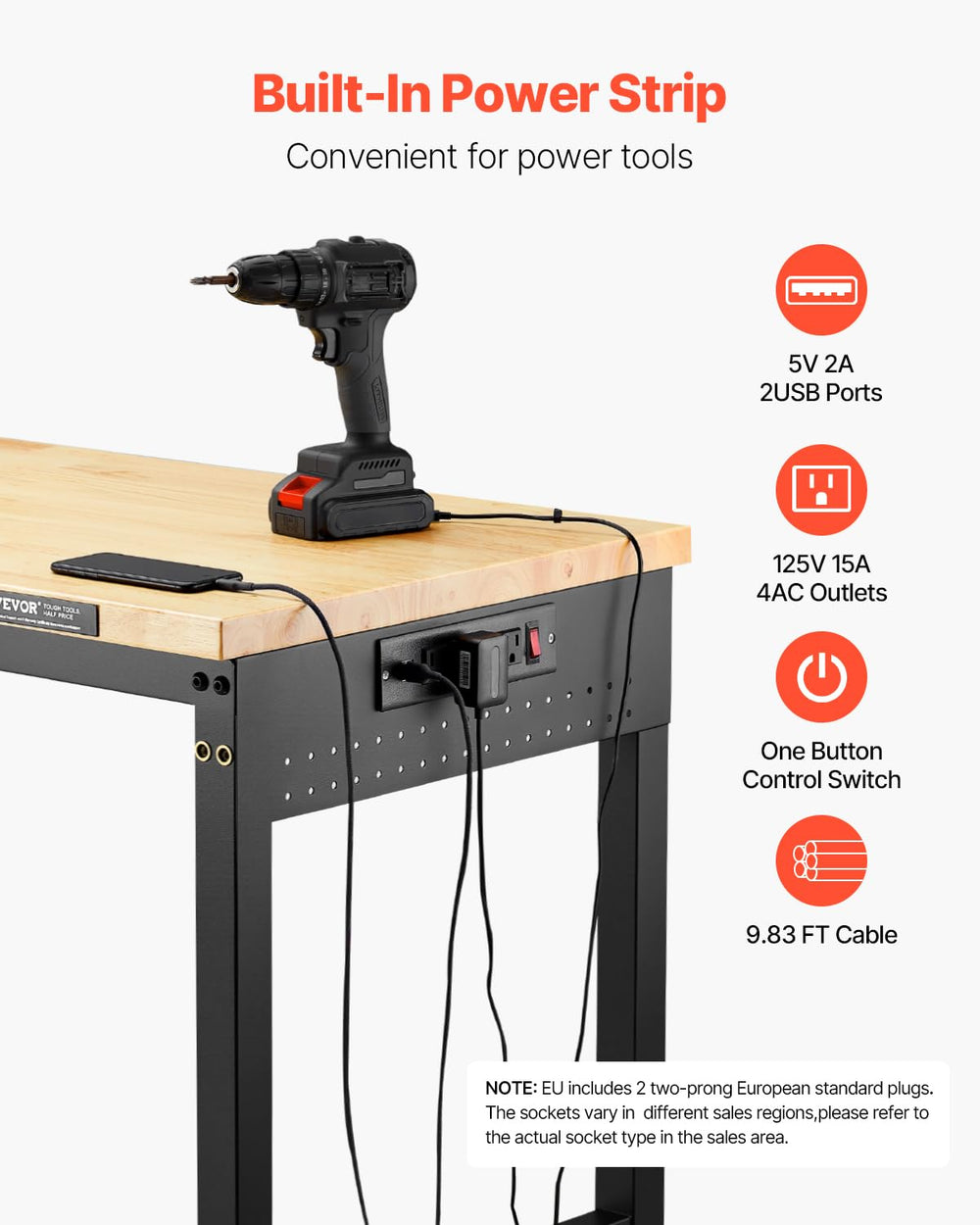 VEVOR Adjustable Workbench, 60 Inch Work Bench with Power Outlet, Wheels, and...