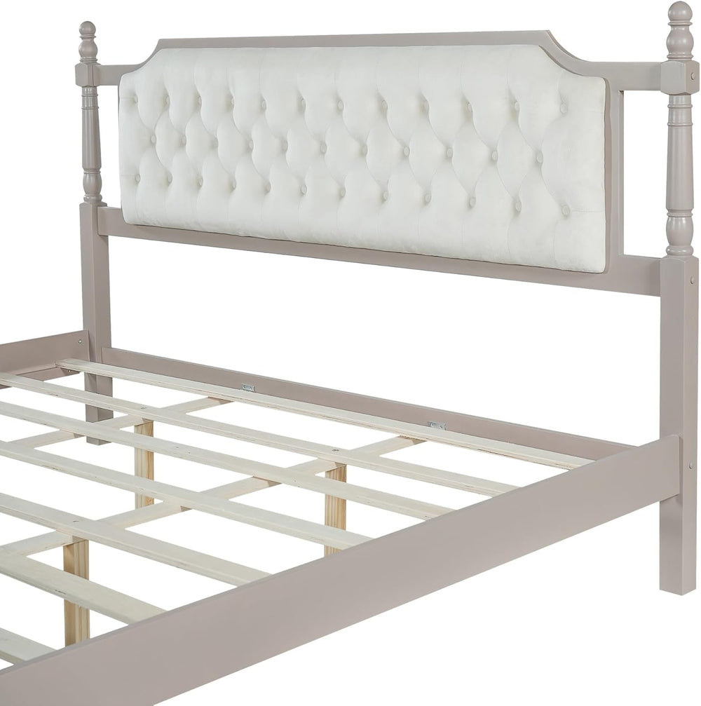 Peanu King Size Upholstered Platform Bed, Tufted Velvet Headboard, Solid Wood...