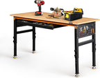 Betterhood 60" Heavy-Duty Adjustable Workbench for Garage, Rubber Wood Shop Table W/Double Pegboards & Drawer,Hardwood Workstation Weight Capacity Over 2000 Lbs