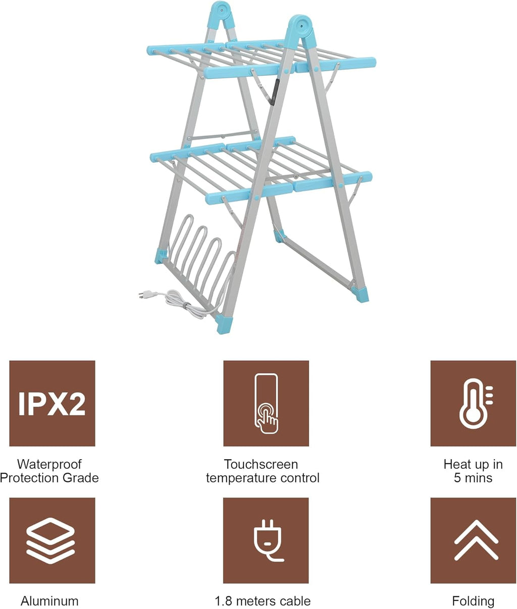 Electric Heated Clothes Drying Rack,Foldable Heated Garment Dryer with Timer Shut-Off Laundry Rack for Clothes Shoes Socks,Aluminum Alloy,Blue,Plug & Play,(39.37x25.98x23.82in)
