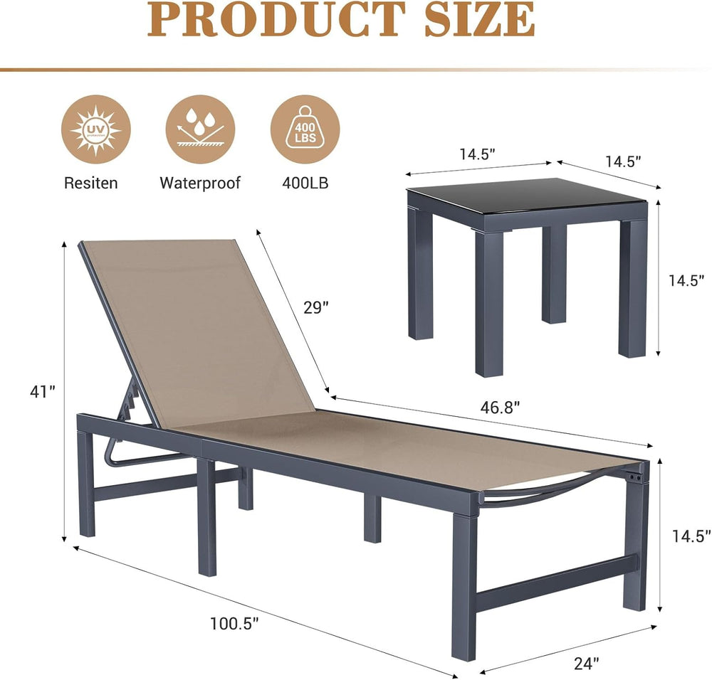UDPATIO Outdoor Chaise Chairs & Table 3 Pieces Pool Lounge Chair, Poolsid...