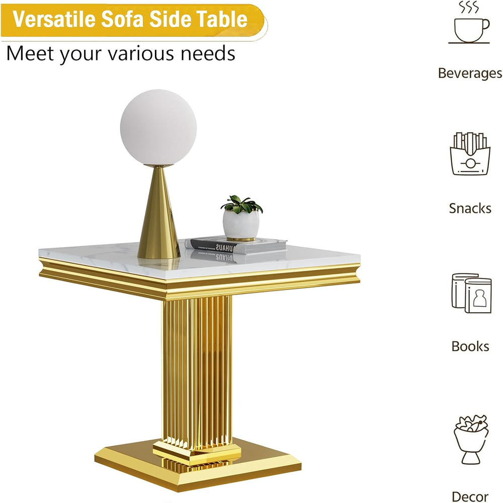 Henf 23in Square End Table Faux Marble End Table with Pillar Stainless Steel ...