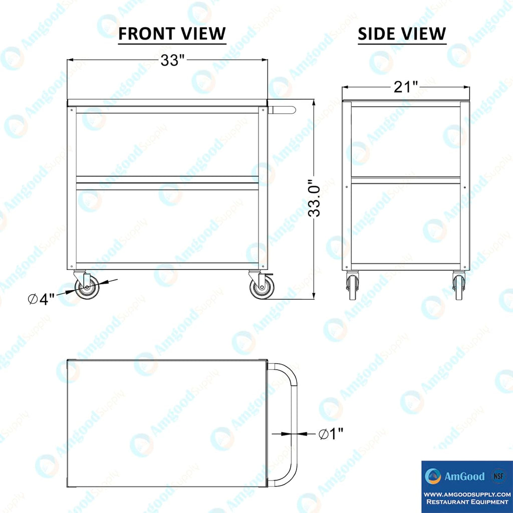 21 in. Wide X 33 in. Long X 33 in High | 3 Shelf Metal Utility Cart on Wheels with Handle