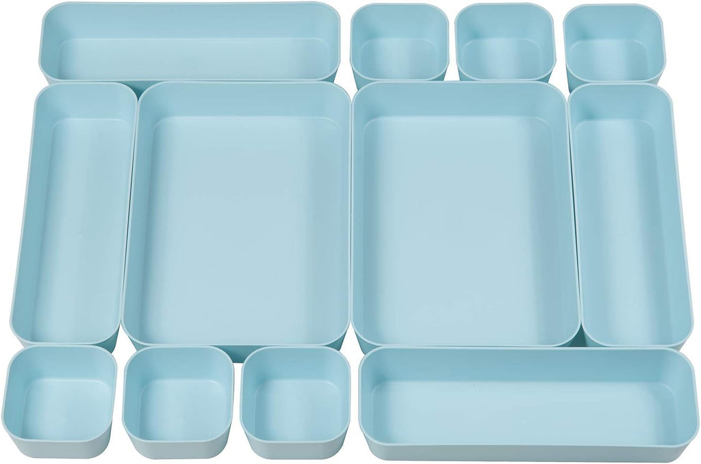 Set Of 12 Blue Color Plastic Desk Drawer Organizers For Makeup Bathroom Office Kitchen Vanity Drawer Storage Box Container