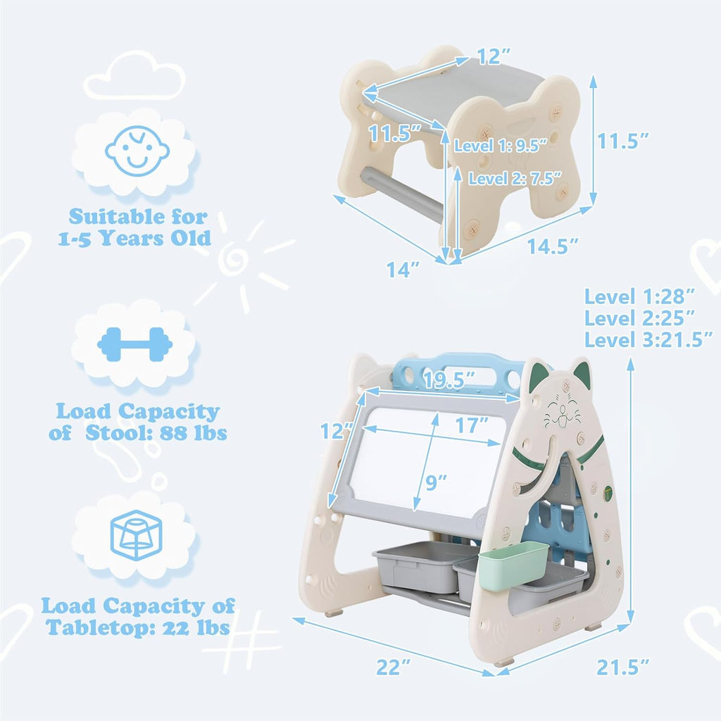 HONEY JOY Kids Table and Chair Set, 3 in 1 Convertible Art Easel & Display Bookshelf w/Magnetic Painting Board, Bottom Storage Shelf, Children Activity Table Set for Drawing Reading (Blue)