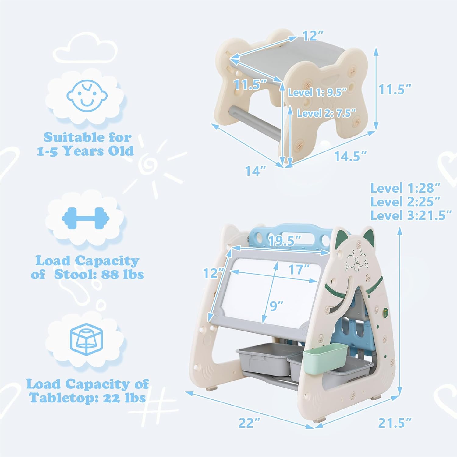 HONEY JOY Kids Table and Chair Set, 3 in 1 Convertible Art Easel & Display Bookshelf w/Magnetic Painting Board, Bottom Storage Shelf, Children Activity Table Set for Drawing Reading (Blue)
