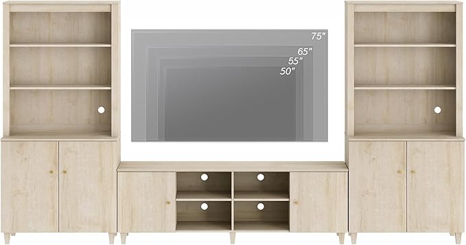 WAMPAT Modern TV Stand and Bookcase Set, Mid-Century Entertainment Center with Bookshelves and Cabinets for 75" TVs, Wood Media TV Console w/Adjustable Shelves for Living Room Bedroom, Light Oak