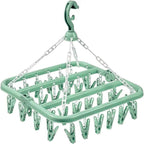 Clothes Drying Hanger with 32 Clips and Drip Foldable Hanging Rack (Light Green)