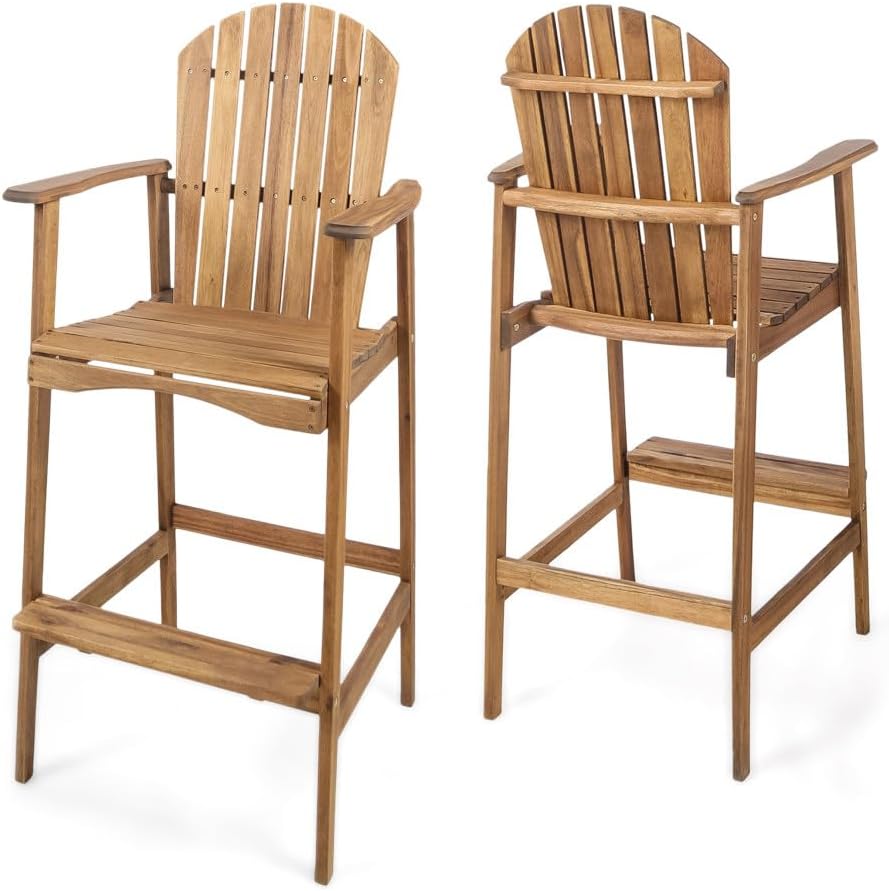Saiveina Outdoor Acacia Wood Adirondack Barstools, Set of 2, Natural Stained