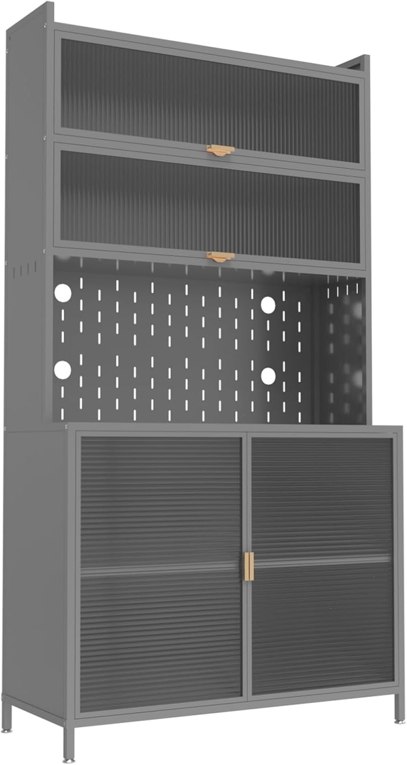 73'' Gray Tall Kitchen Pantry Cabinet, 6-Tier Metal Storage Cabinet w...