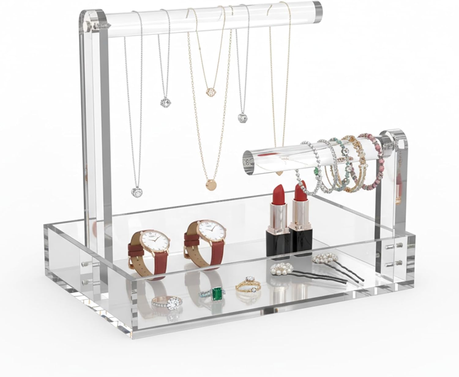 LUGUNU 2-Tier Bracelet Holder & Necklace Display Stand with Removable Trays, Acrylic Jewelry Organizers and Storage Box for Earrings, Rings, Watches, Vanity Tray for Dresser Countertop