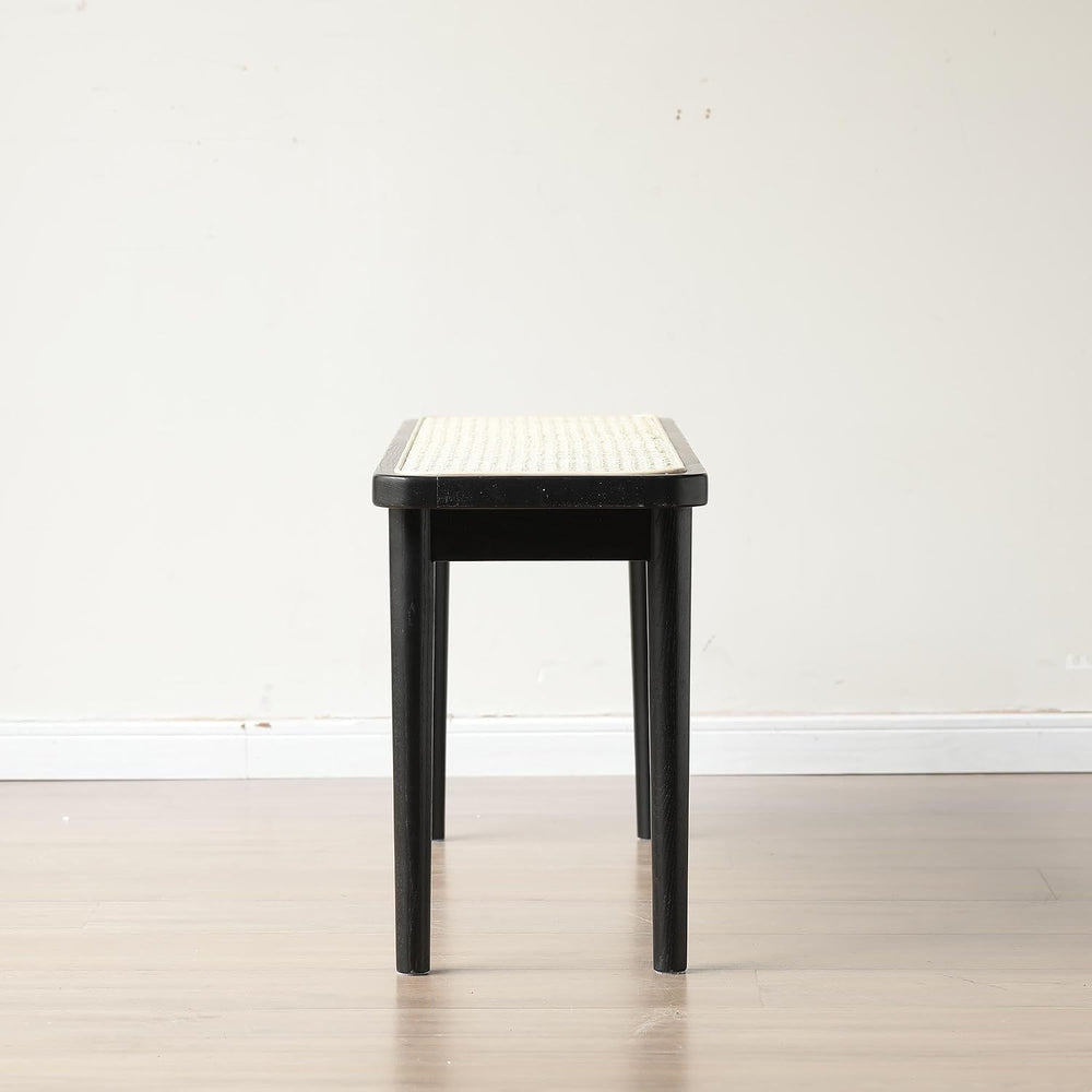 47.24" Modern Oak Wood Dining Bench with Woven Rattan Seat Solid Wood En...