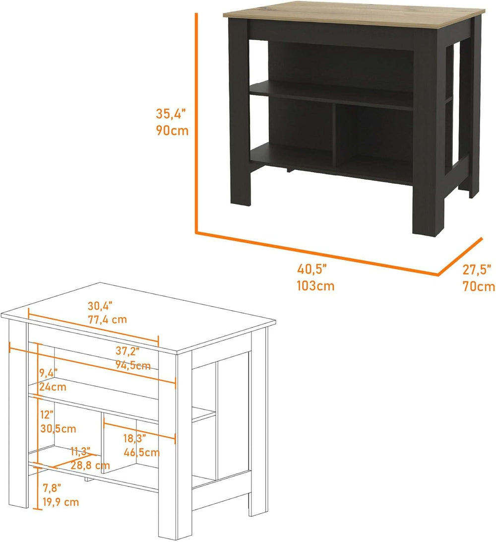 Kitchen Island with Three Concealed Shelves, Black, Light Oak | Modern kitche...