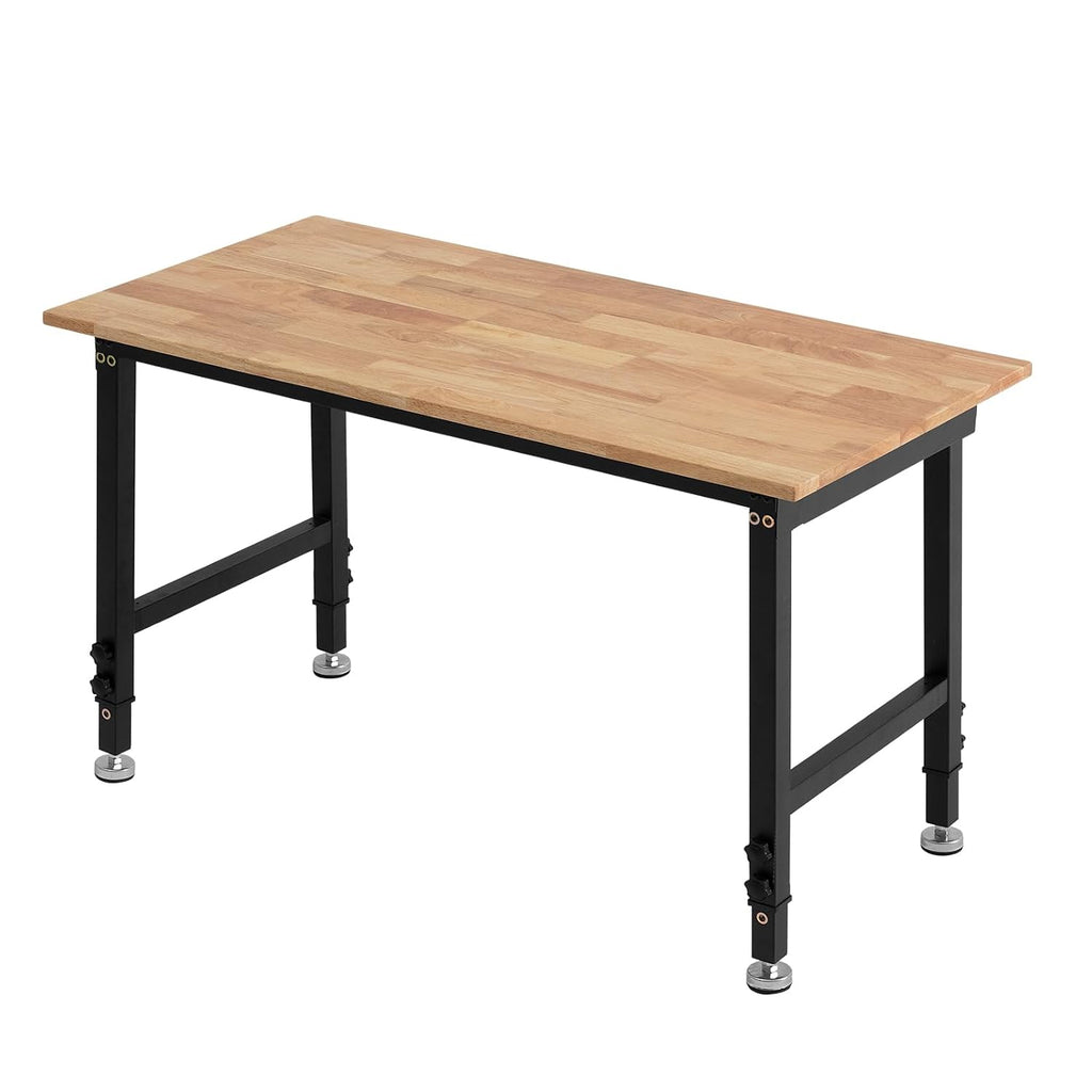 VEVOR Adjustable Workbench, 1500 lbs Capacity, 48 x 24 Inch Oak Wood Top Workbench with 26.3-40.2 Inch Height Adjustment, Heavy-Duty Hardwood Worktable for Garage, Workshop, Home, Office, Commercial