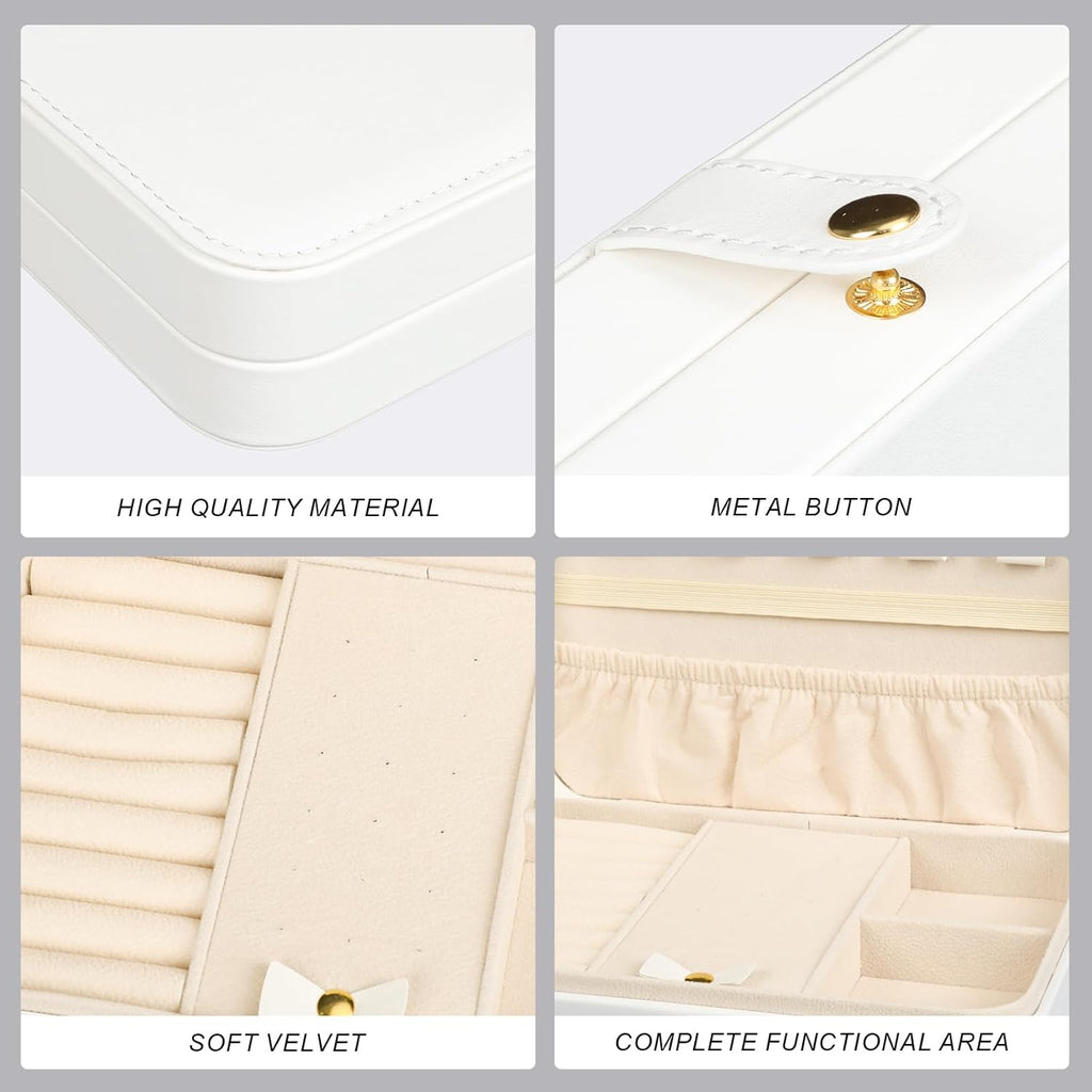 Small Jewelry Box, Travel Jewelry Case Portable Jewelry Boxes for Women, 2-Layer Mini Jewelry Travel Organizer, Gift for Women Girls,White B
