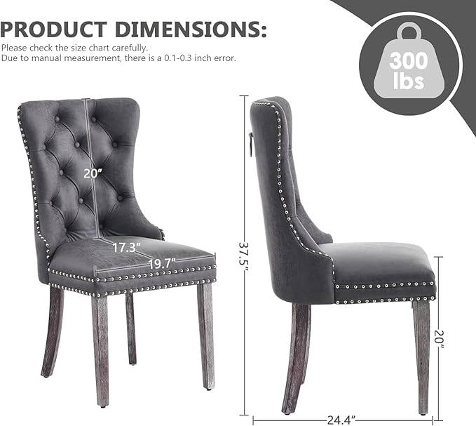 Kiztir Leather Dining Chairs Set of 2, Upholstered Dining Chair with Nailhead Trim and Solid Wood Legs, Luxury Wingback Dining Side Chair for Living Room, Bedroom, Kitchen (Grey)