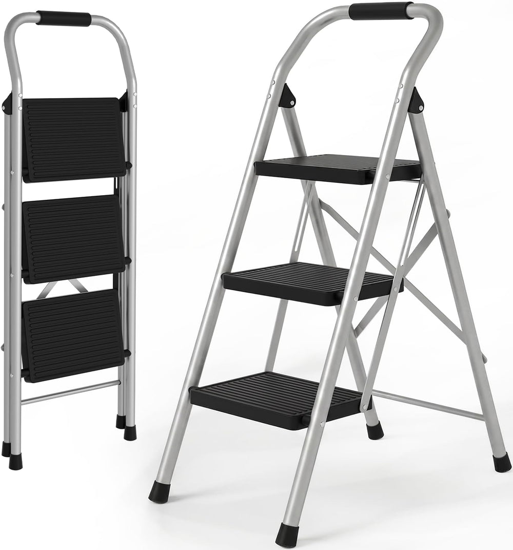 3 Step Ladder for Kitchen Step Stool, Lightweight Folding Step Stool with Cur...