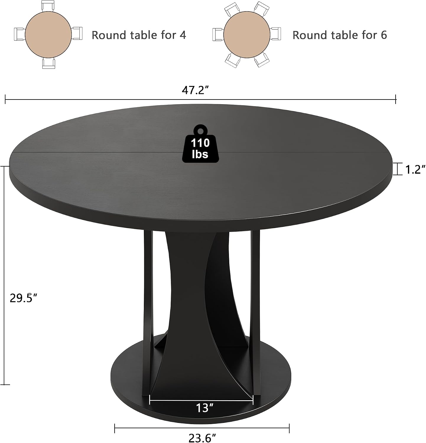 iPormis Round Dining Table, 47'' Kitchen Table for 4-6, Dining Room Dinner Table with Wooden Tabletop & Geometric Arcs Pedestal for Kitchen, Living Room, Home, Office, Black