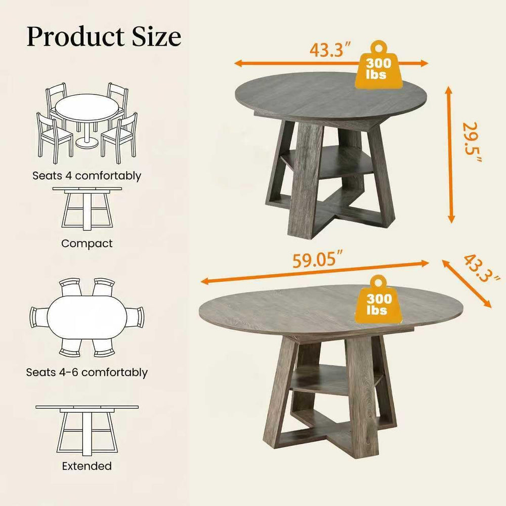 Round Extendable Dining Table Set for 6, 43"-59" Rustic Grey Expand...