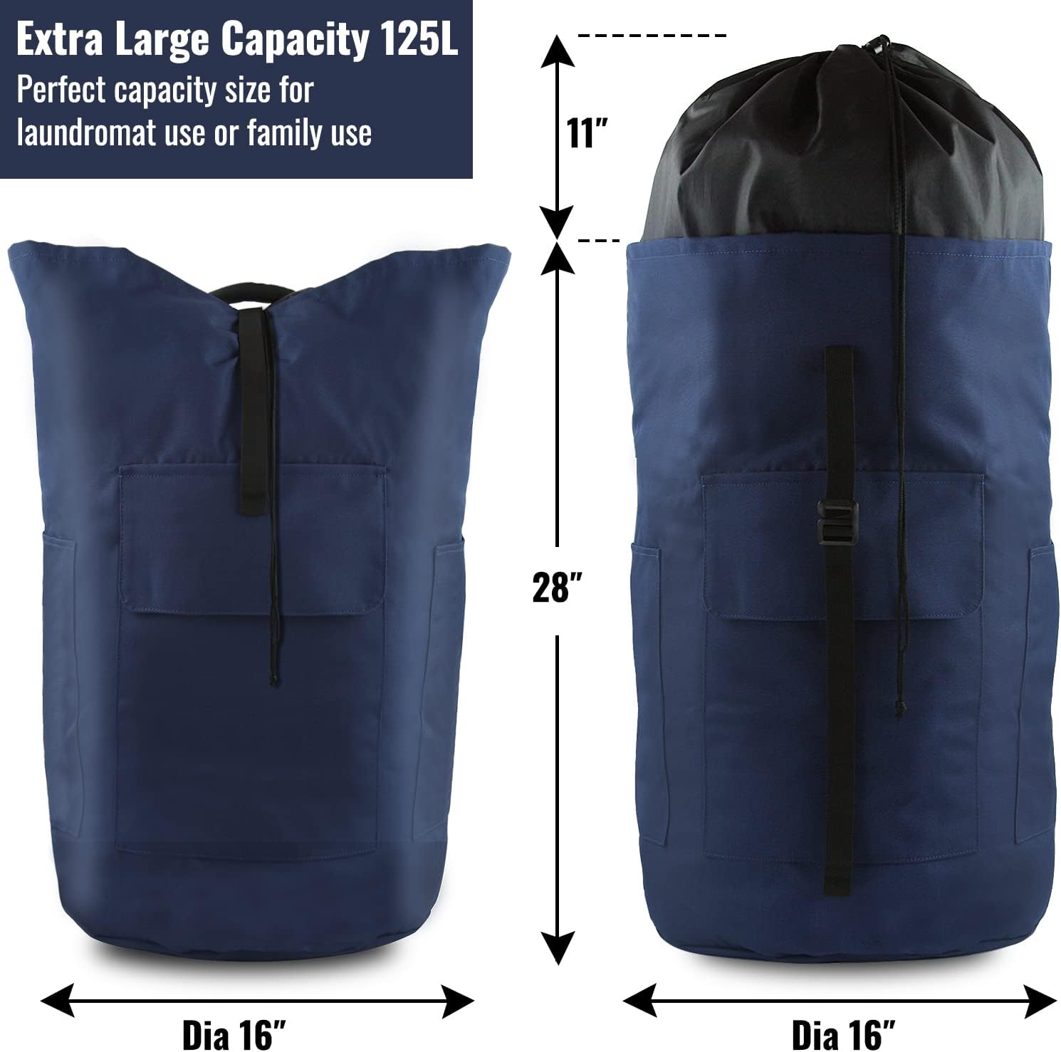 Laundry Bag Backpack, 125L Extra Large Travel Laundry Bags with Shoulder Straps, Adjustable & Extendable Design, Laundry Hamper Bag with 3 Pockets for Laundromat, College, Travel, Camping