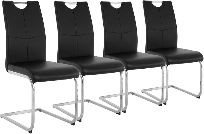 Goujxcy Dining Chairs Set of 4, Modern High Back Kitchen Chairs with Metal Legs and Faux Leather Padded Seat Upholstered Dining Chairs for Dining & Kitchen,Living Room (Black&Silver, Set of 4)