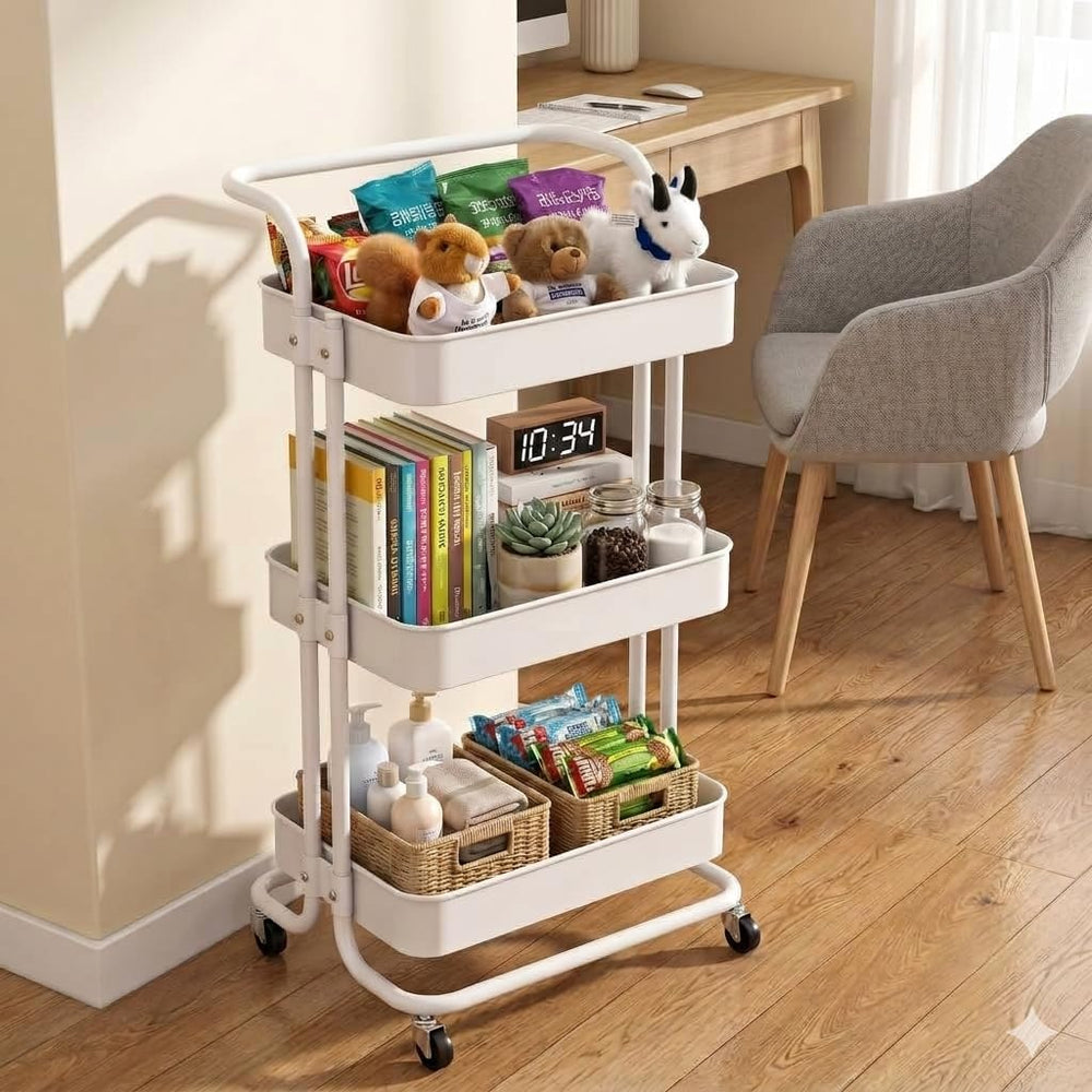 3 Tier Rolling Cart with Wheels, Metal Utility Cart Organizer with Handle for...