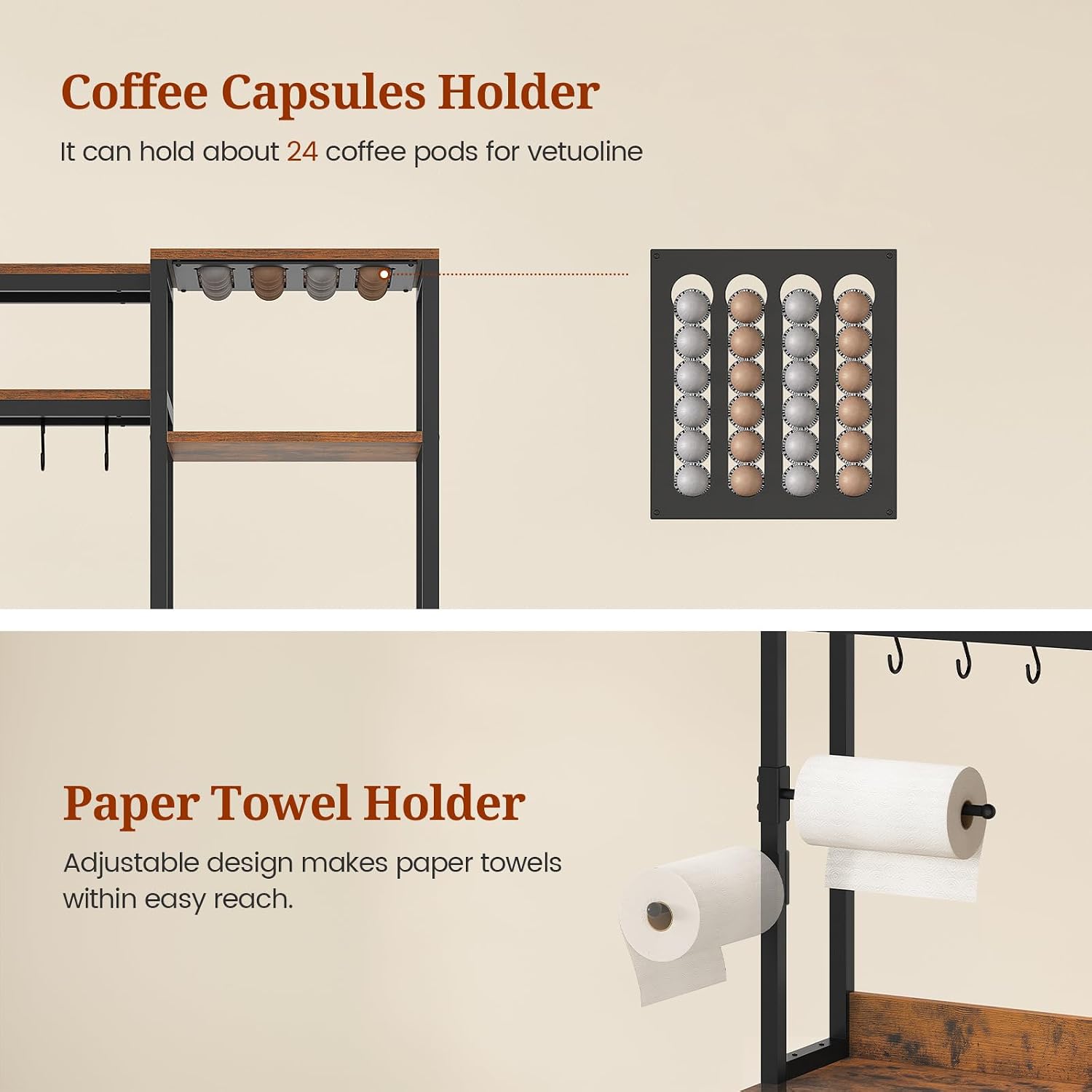 47.2 in Bakers Rack with Power Outlet & LED Light, Coffee Bar with Coffee Pod Holder for Vetuo, Kitchen Microwave Stand with Storage Shelves, Paper Holder, Cabinet, Wire Basket, 8 Hooks (Rustic Brown)
