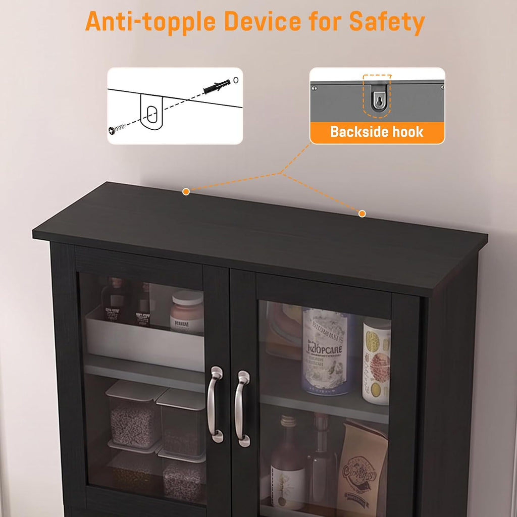 67" Kitchen Pantry Cabinet with Glass Doors & Drawers | Adjustable Shelves, Anti-Tip Safety, Space-Saving for Small Kitchens, Easy-Clean, Perfect Microwave Stand Or Coffee Bar