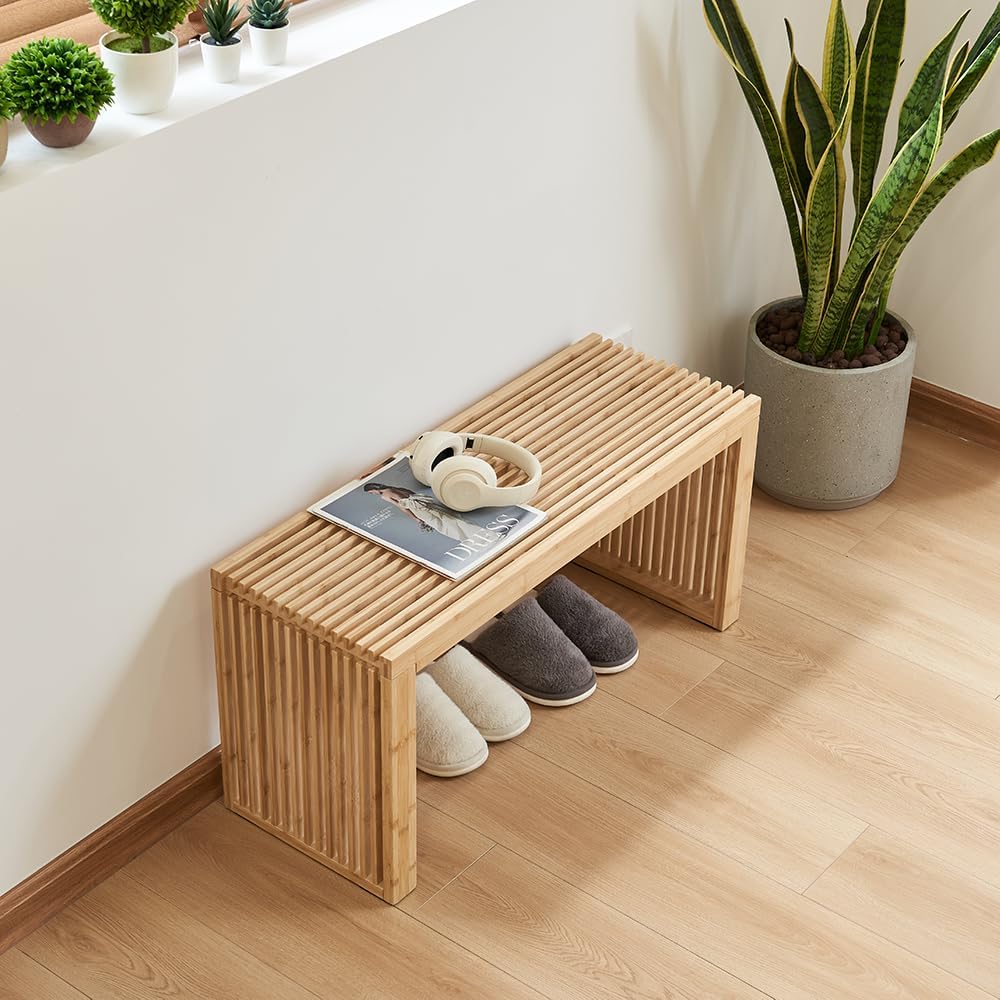 Versatile Wooden Slatted Bench - Sleek Modern Design for Dining, Entryway, Bedroom - Indoor Use with Storage Capability for Home, Kitchen, Bathroom & Beyond (Natural)