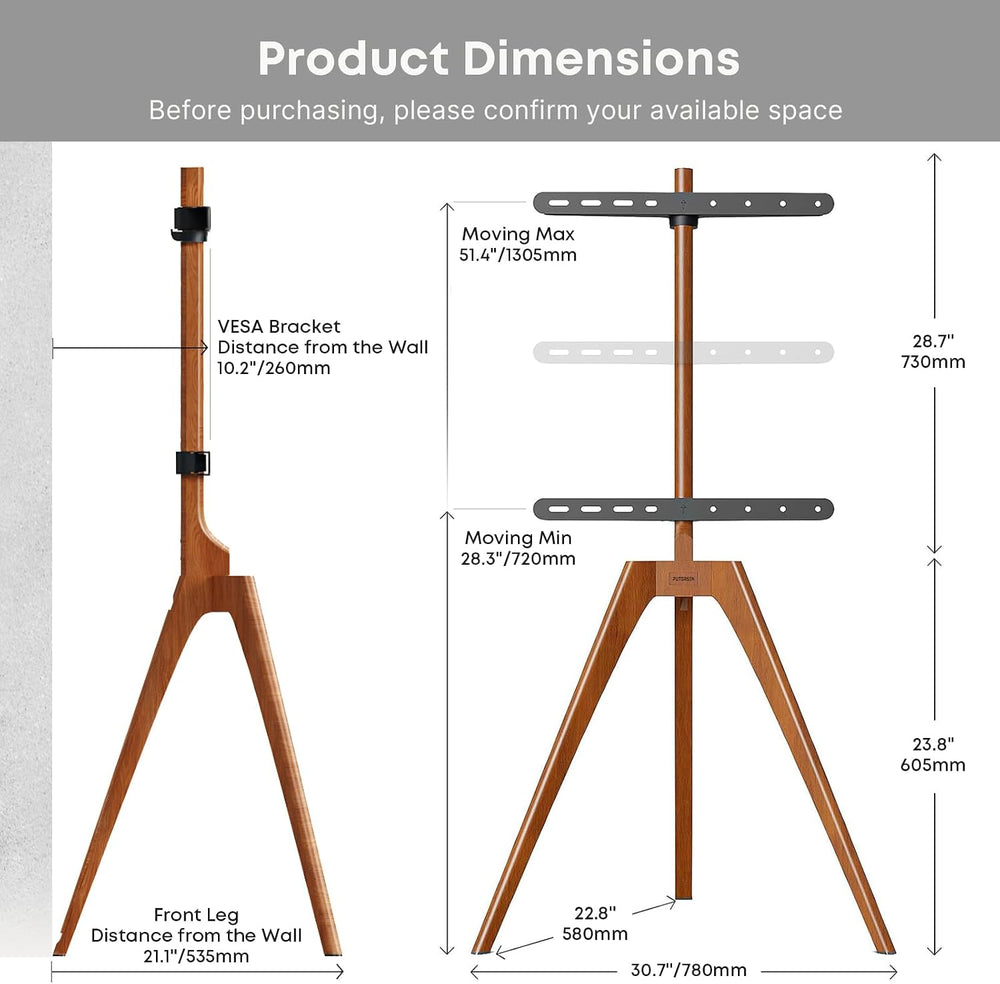PUTORSEN Solid Wood Easel TV Stand for 45-65'' TVs, Hidden Cable, Wal...