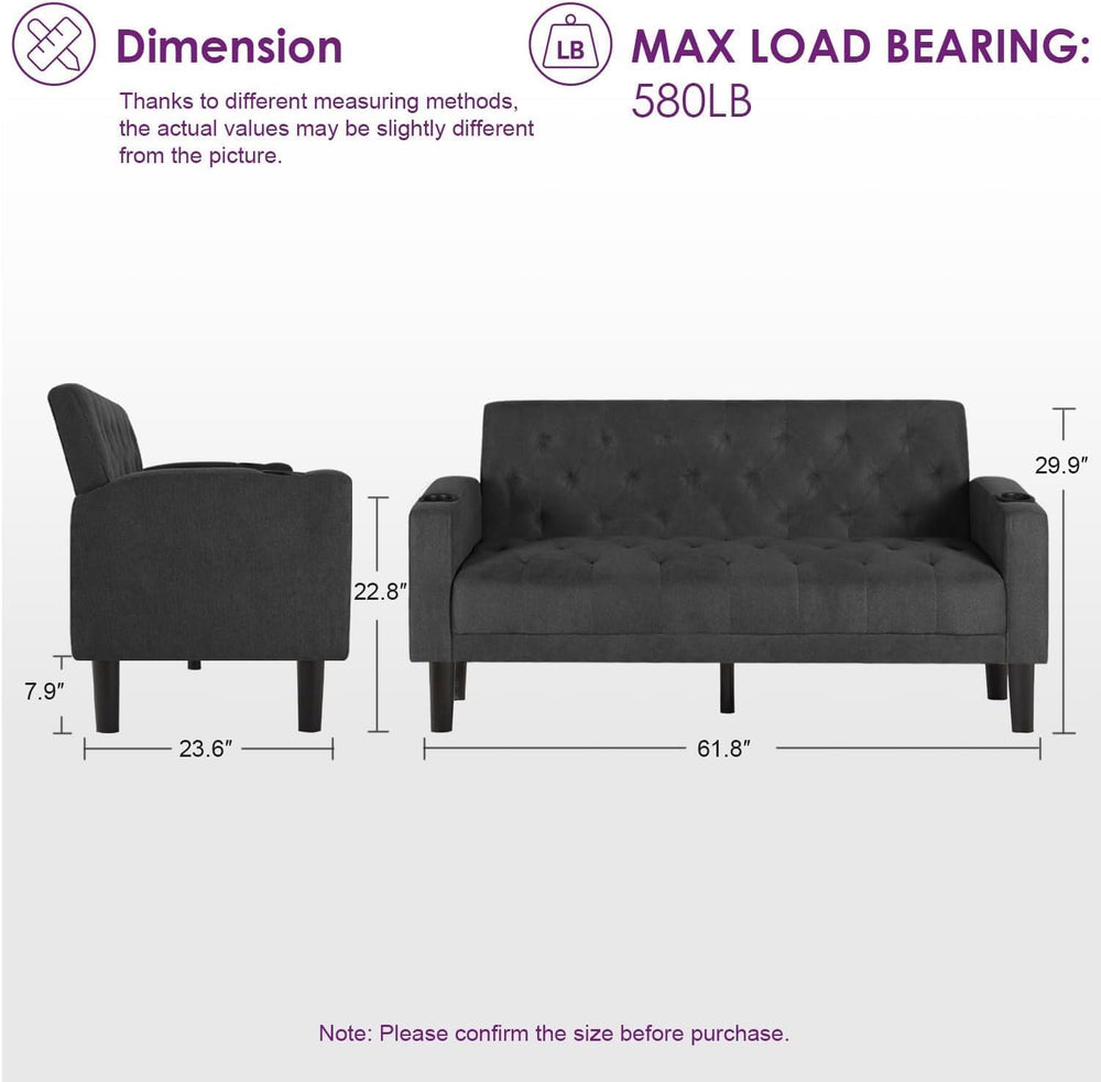 Mid-Century Modern Tufted Loveseat Sofa Set w/ 2 USB & 2 Cupholders
