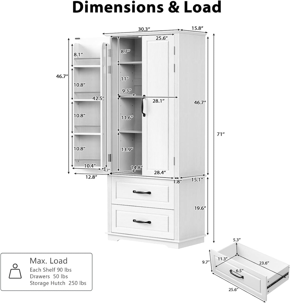 71" Tall Farmhouse Pantry Cabinet, Wood Storage Cabinet with 2 Doors, 2 ...