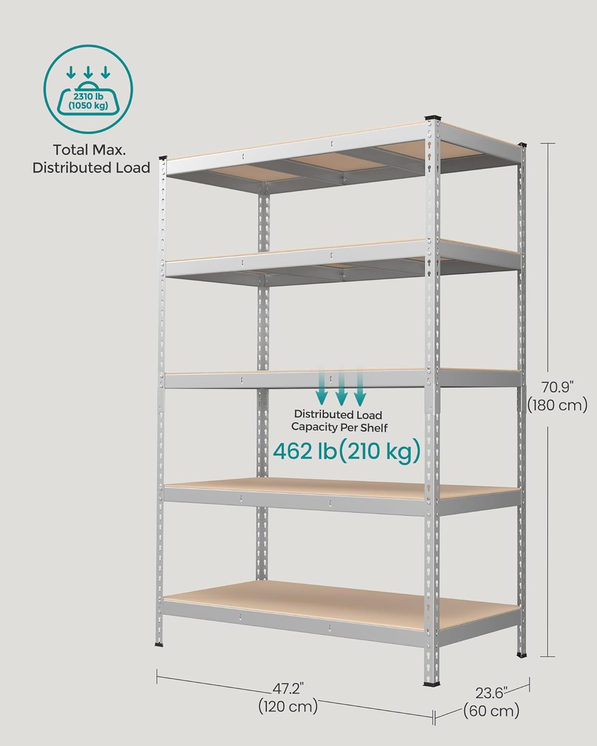 SONGMICS 5-Tier Storage Shelves, Load 2310 lb, Garage Storage, Boltless Assembly, Adjustable Shelving Unit, 23.6 x 47.2 x 70.9 Inches, for Study Shed Basement, Silver and Natural Beige UGLR600E01