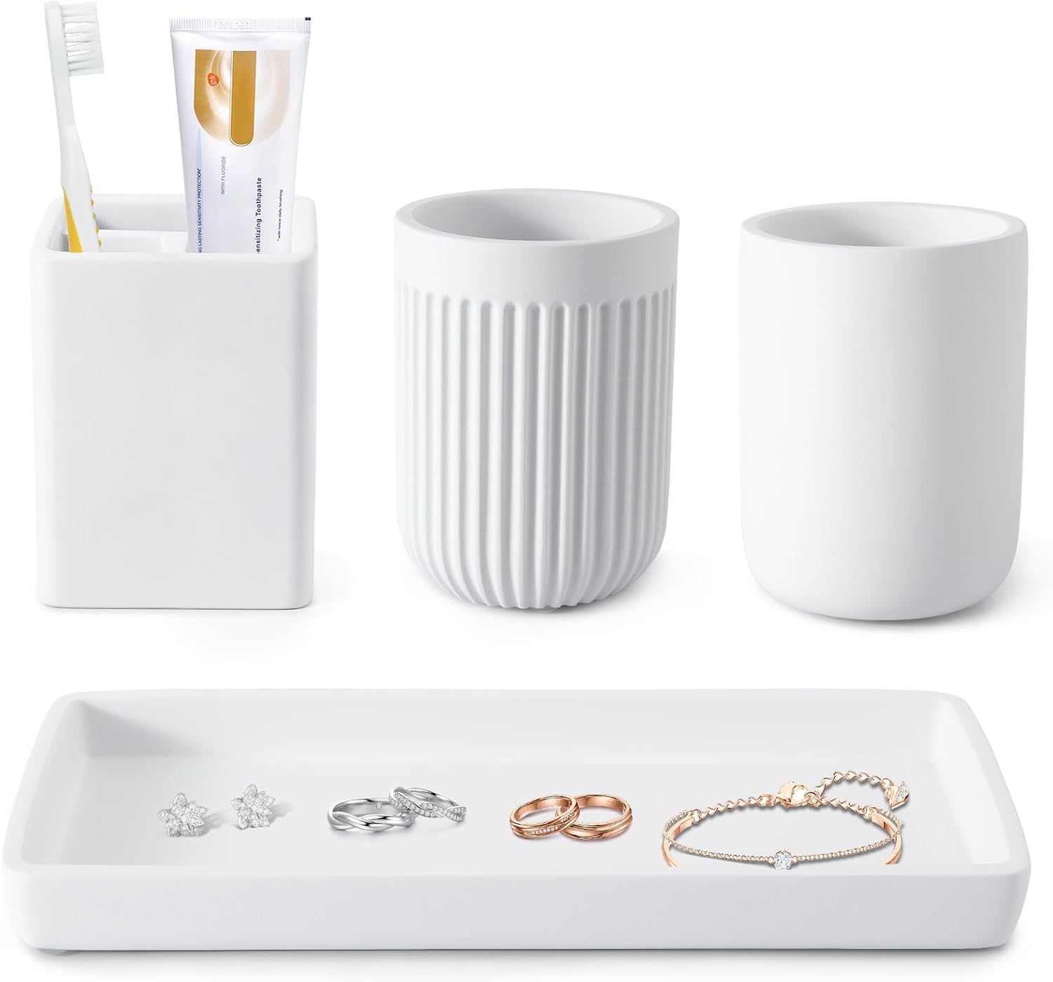 Resin Bathroom Toothbrush Cups Set with Holder and Tray, 4 Pcs Matte White Bathroom Accessories Set Counter Organizer for Sink Home Decor