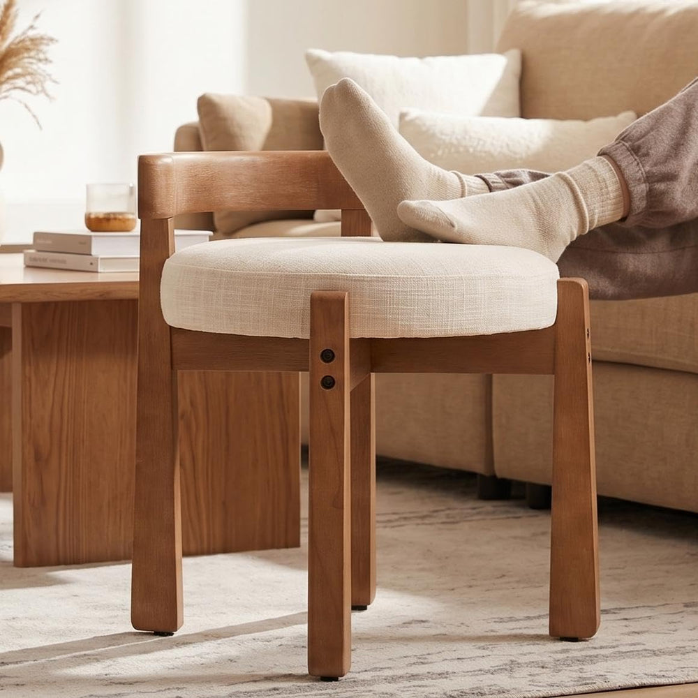 HNY Modern Linen Ottoman- Low-Back Makeup Seat & Lounge Footrest with Sol...