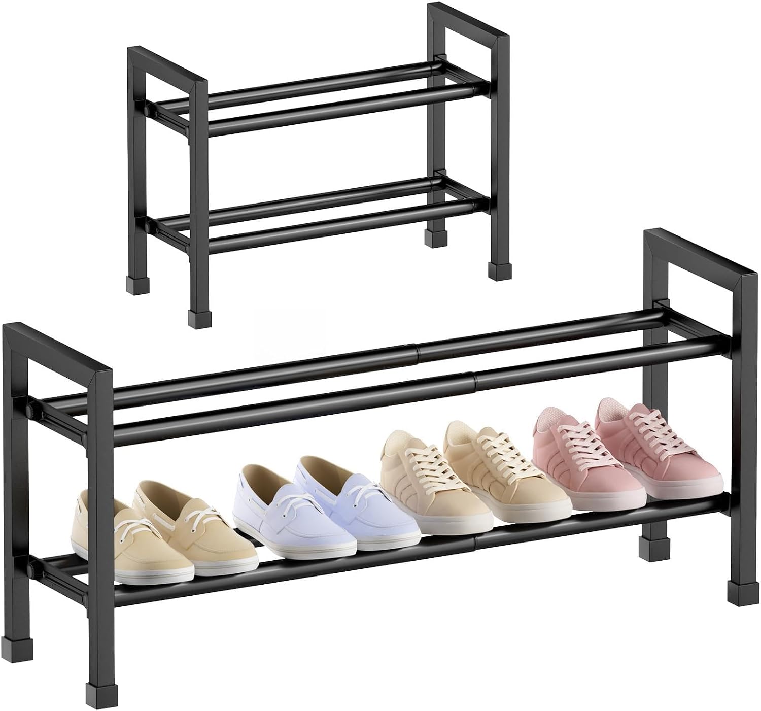 Abiglifty 2-Tier Expandable Shoe Rack,17"-33" Adjustable Shoe Rack for Closet,Metal Shoes Shelves for Front Door Entrance, Garage & Corridor, Free Standing Shoe Holders, Easy to Assemble,Black