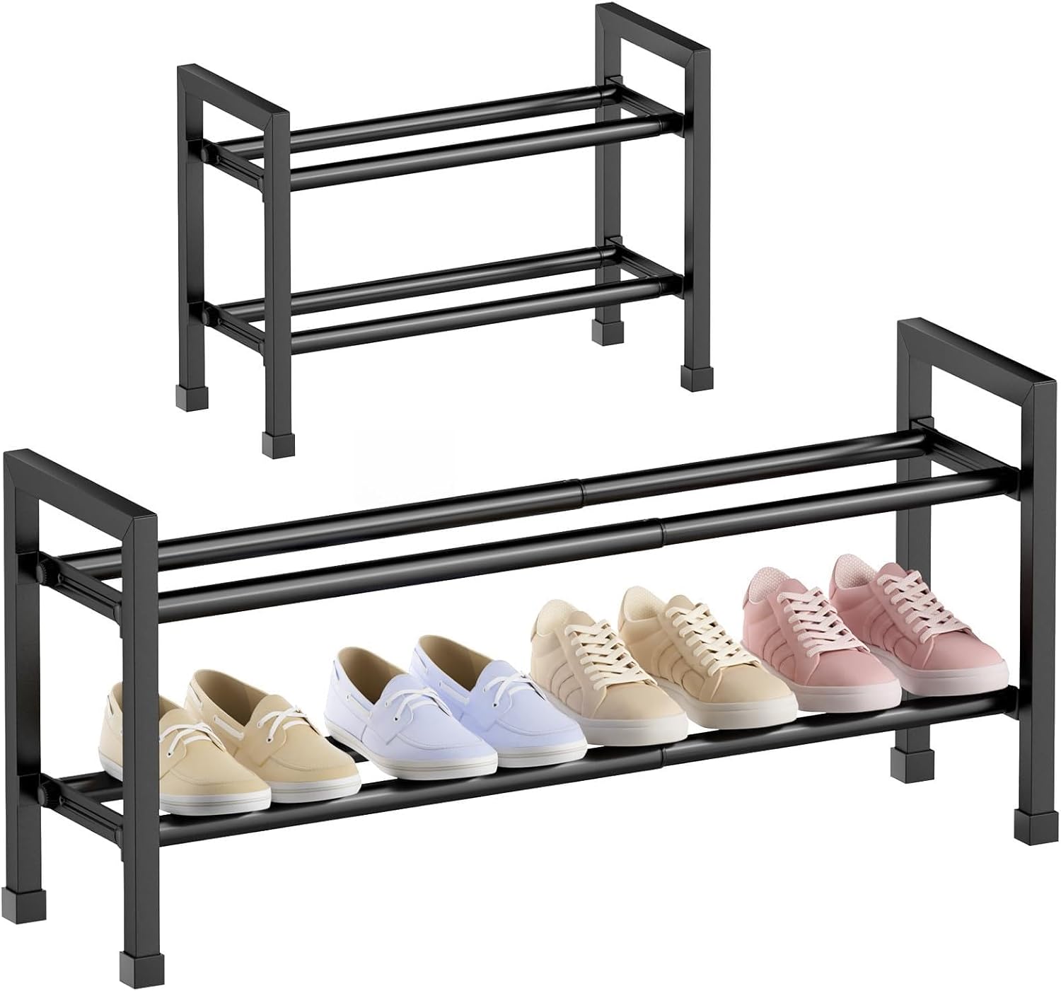 Abiglifty 2-Tier Expandable Shoe Rack,17"-33" Adjustable Shoe Rack for Closet,Metal Shoes Shelves for Front Door Entrance, Garage & Corridor, Free Standing Shoe Holders, Easy to Assemble,Black