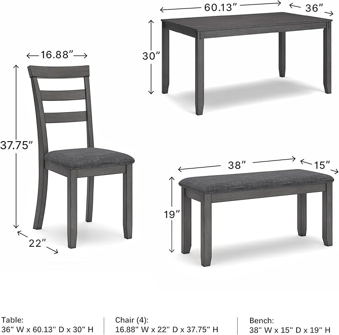 Signature Design by Ashley Bridson Dining Table Set For 6 With Bench, Wood 6‑Piece Kitchen Table And Chairs Set With Upholstered Seats, Transitional Charcoal Gray Dining Room Set For Family Meals