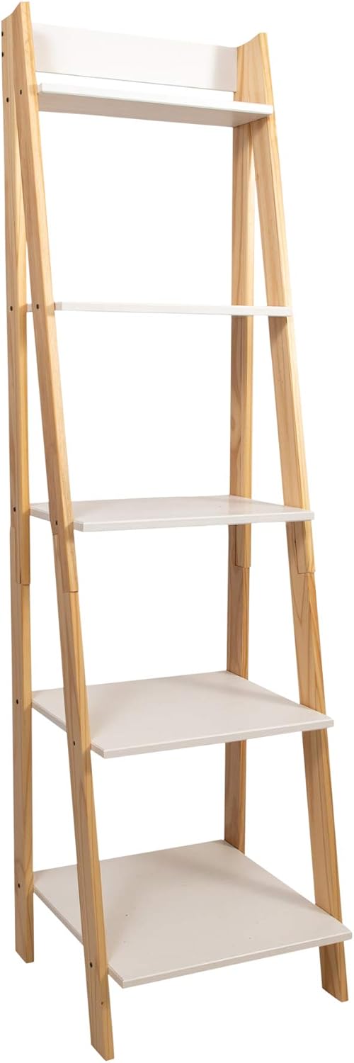 Jela-USA Solid Pine Wood 5 Shelf Ladder Bookshelf, White & Natural