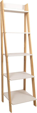 Jela-USA Solid Pine Wood 5 Shelf Ladder Bookshelf, White & Natural