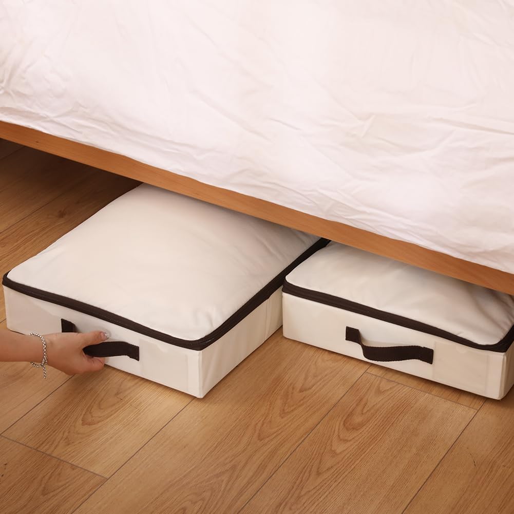 AMJ 4" Foldable Underbed Storage Closet Organizers and storage bins, Under Bed Garment Storage Bins, Folding & Washable, Soft Zip Lid, Beige
