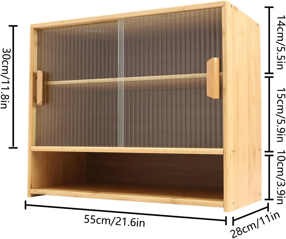 Small Bamboo Kitchen Pantry Sideboard w/ 2 Sliding Striped Glass Doors, Frees...