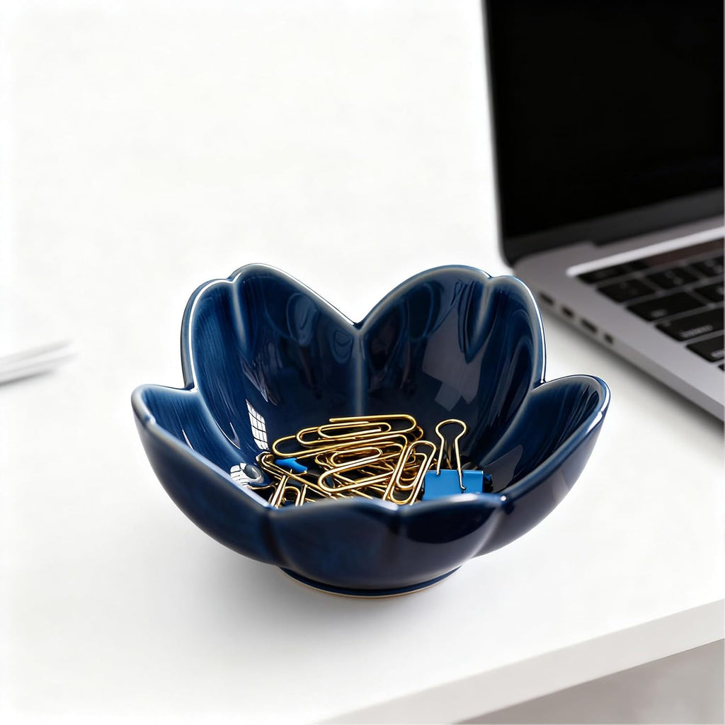 Blue Flower Ring Dish Jewelry Tray, Ceramic Jewelry Dish, Small Trinket Tray, Nightstand Bathroom Decor Ring Holder, Jewlery Plate Bowl for Christmas Friendship Birthday Gifts for Women Mom
