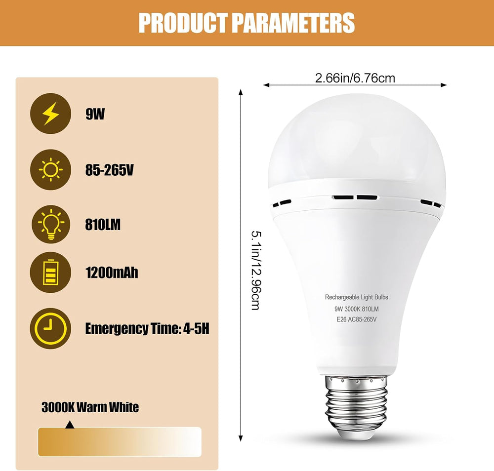 Emergency Rechargeable Bulbs 6Pk,A21 9W 60WEq,1200mAh WW for Power Cut Camp