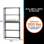Shelving Inc. 8" d x 48" w x 64" h Black Wire Shelving with 5 Tier Shelves, Weight Capacity 300lbs Per Shelf