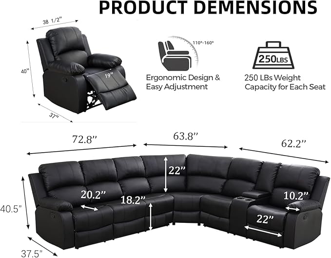 Manual Recliner Sectional Sofa Set, Bonded Leather L-Shaped Living Room Furniture Sets, Reclining Sectional Corner Couch and Recliner Chair Set for Home Office (Black, Sectional + Chair)